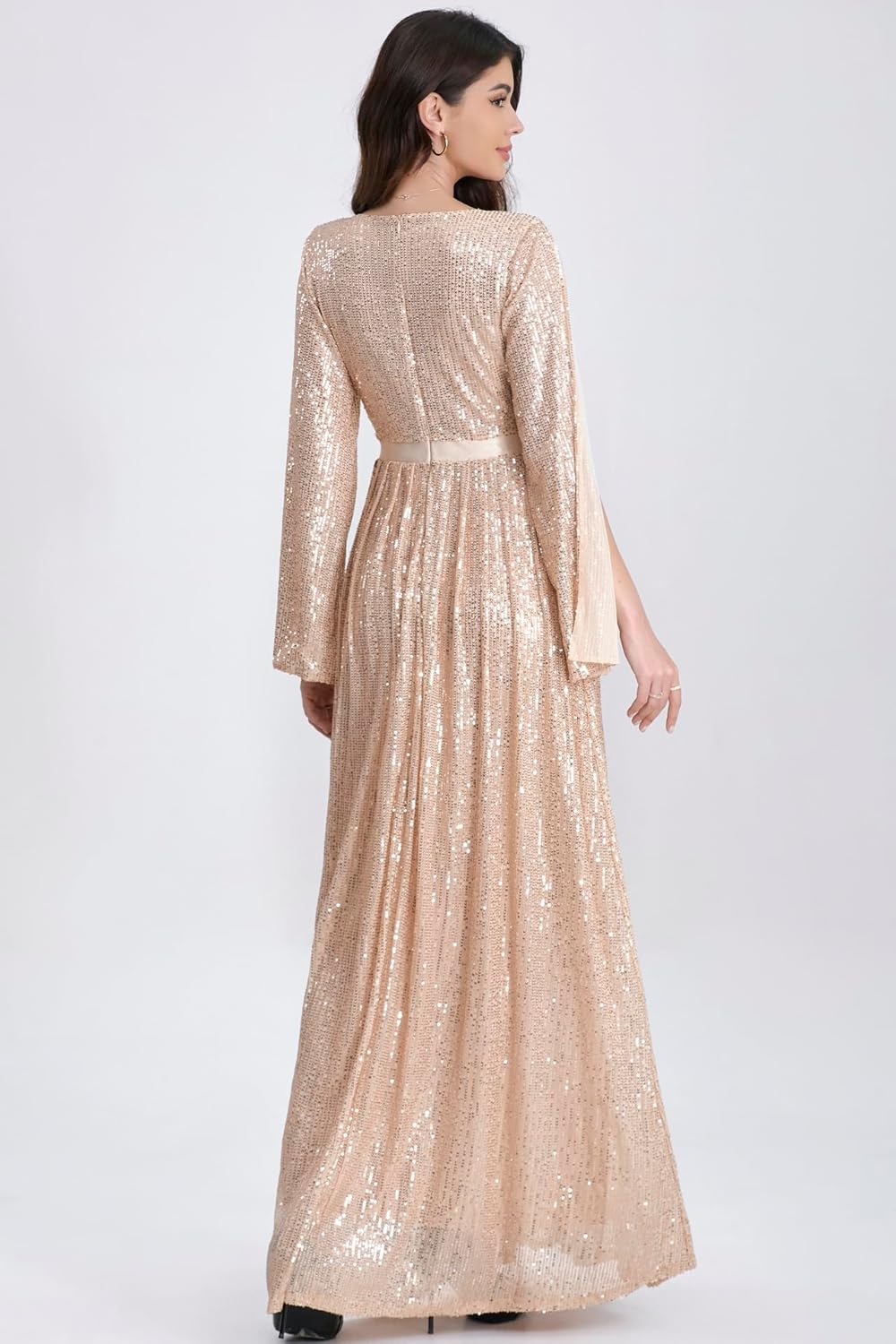 Women's Sequins Deep V Fashion Slit Shoulder Maxi Dresses Formal Evening Gowns. - Image 5