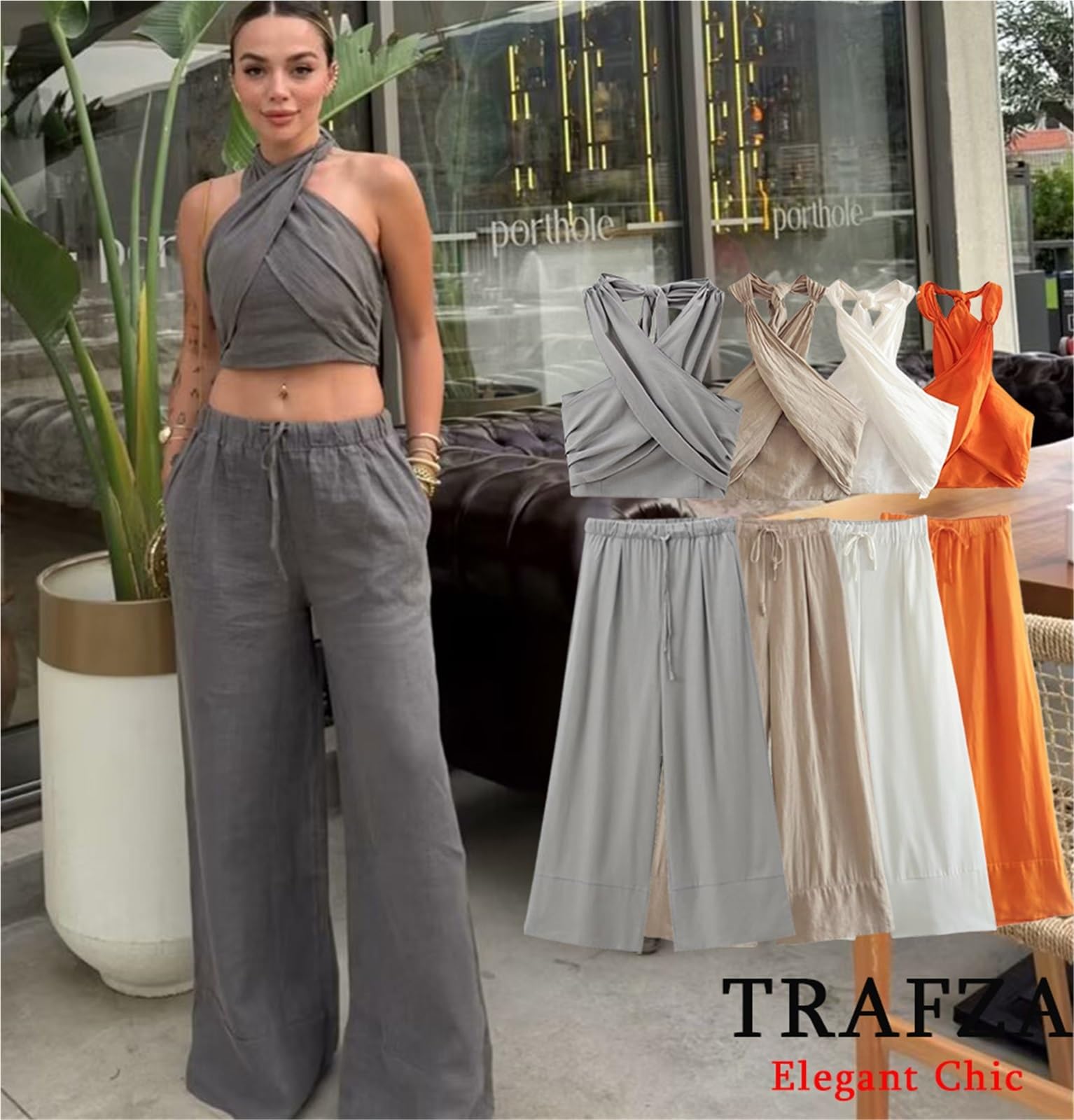 Top con Espalda Cruzada Conjunto de Camisola Cruzada Informal Sexy for Mujer, Conjunto pantalón Playa for Vacaciones Primavera y Verano, Top con Cuello Halter(Gray Set,S)