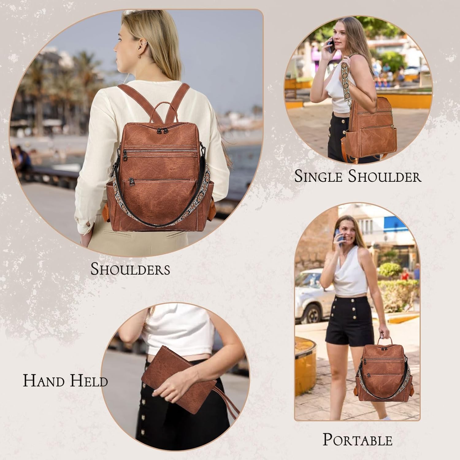 Backpack Purse for Women, Waterproof PU Leather Backpack, Anti-Theft Women Back pack, Lightweight Fashion Multipurpose Convertible Shoulder Bag Handbag, Brown - Image 5