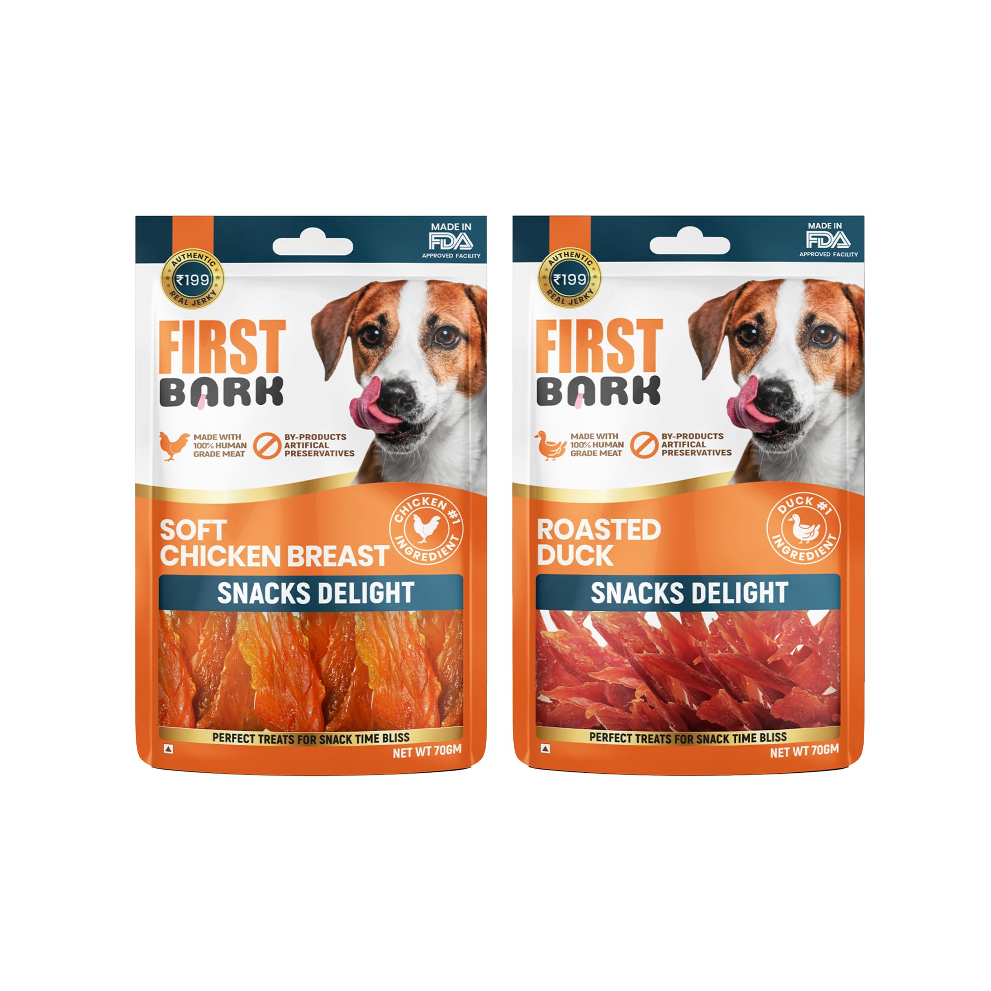 First Bark Dog Treats for Adult Dog & Puppy – Snack Delights Chicken & Duck Jerky for Dogs, Small Dogs & Shih Tzu | Dog Snacks & Puppy Treats – Soft Chicken Breastx1 + Roasted Duckx1 (70g)