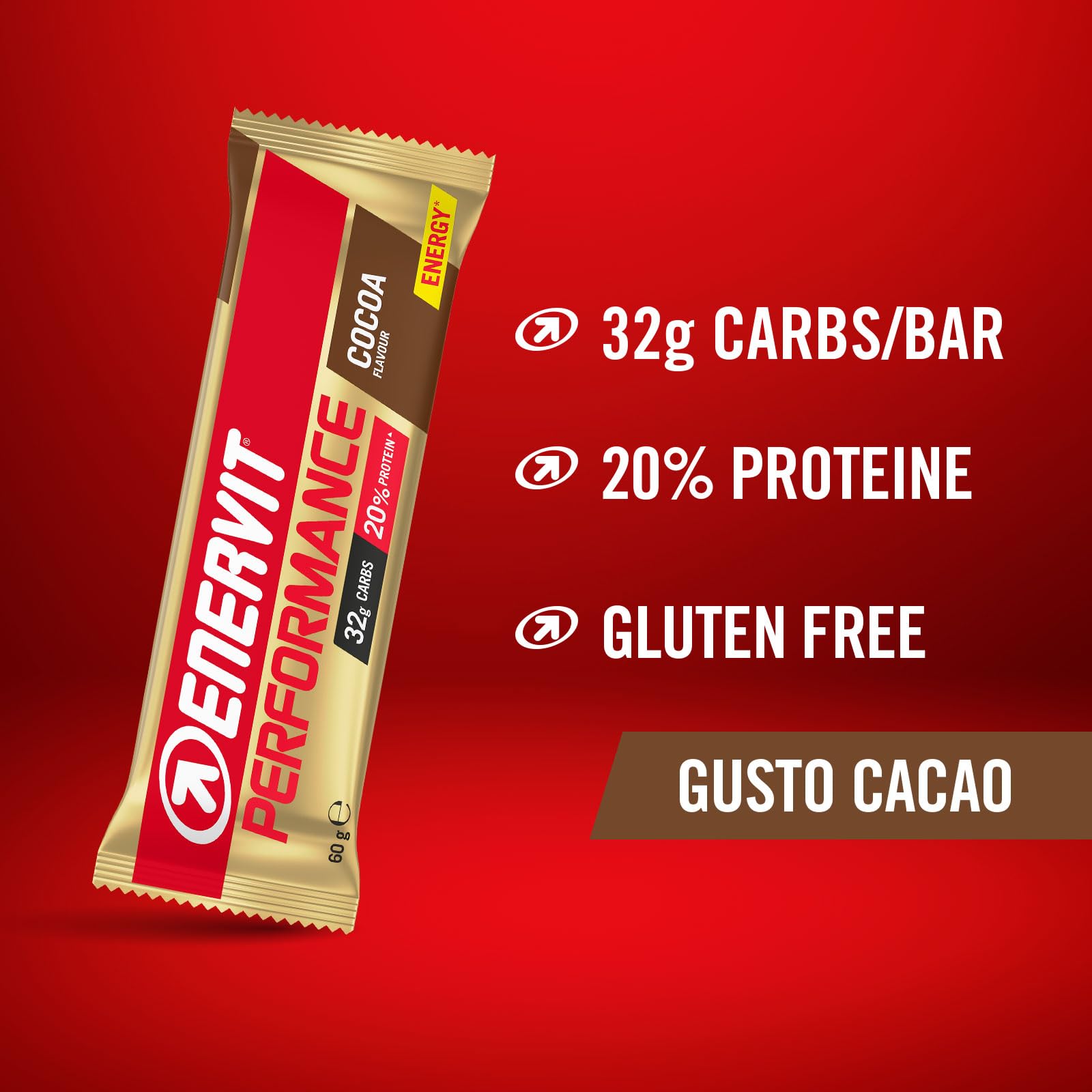 Enervit, Performance Bar Cocoa, Barrette Energetiche, 32g di Carboidrati, 20% di Proteine, Gusto Cacao, Per Attività Sportiva di Lunga Durata ed Endurance, Senza Glutine, 12 Barrette da 60g