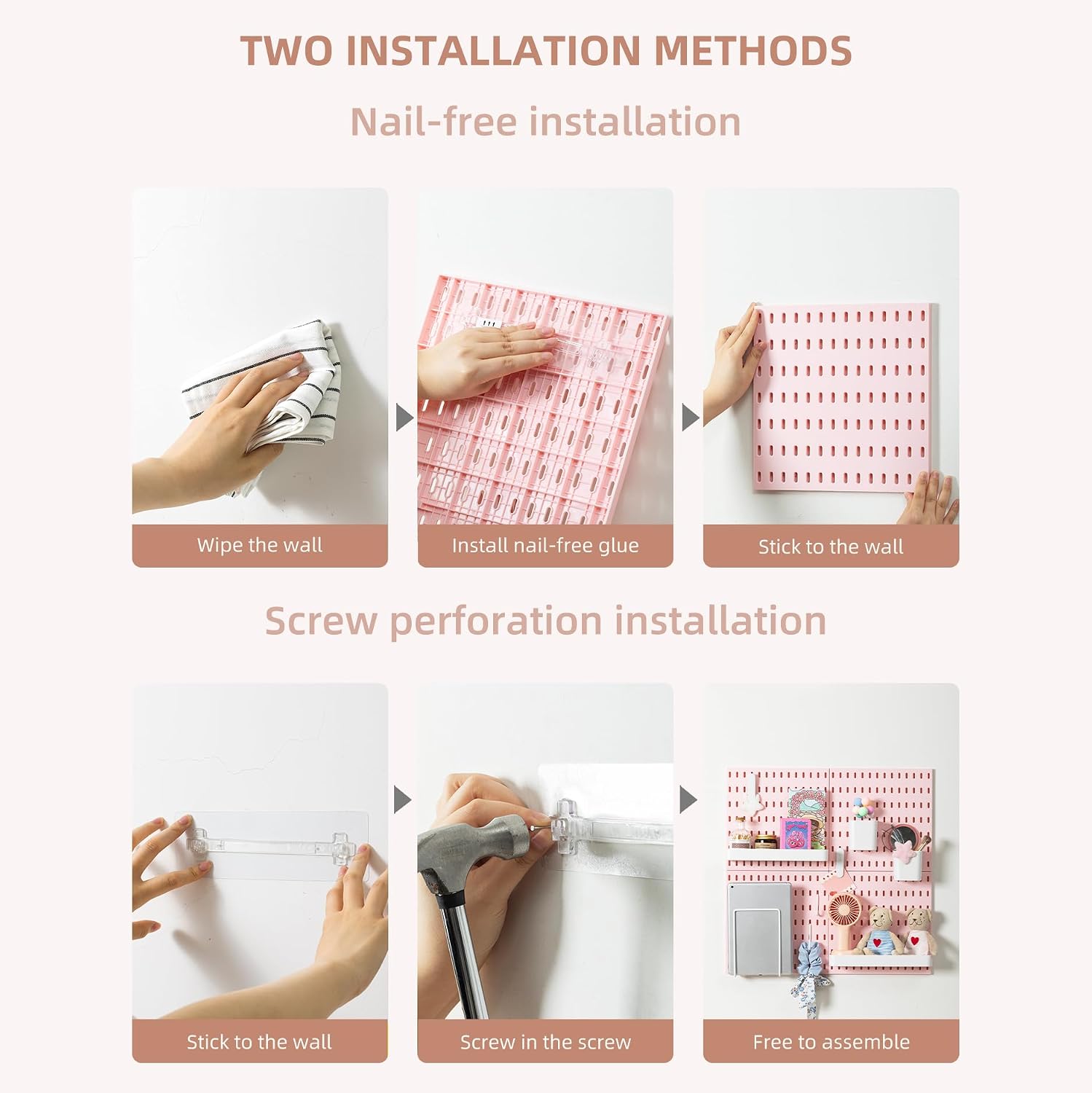 VUSIGN Pegboard Combination Wall Organizer Kit, 4 Pieces Pegboards and 17 Accessories Modular Hanging, Wall Mount Display Peg Board Panel Kits for Bedroom, Home, Office, Bathroom, 22" x 22", Pink