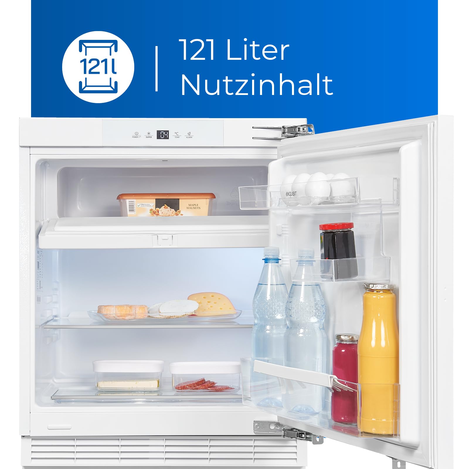 Exquisit UKS130-4-FE-010D Unterbau Kühlschrank mit 4* Gefrierfach, 121 L | Einbaukühlschrank mit Festtürmontage, LED-Beleuchtung, wechselbarem Türanschlag und akustischem Alarmsignal bei offener Tür