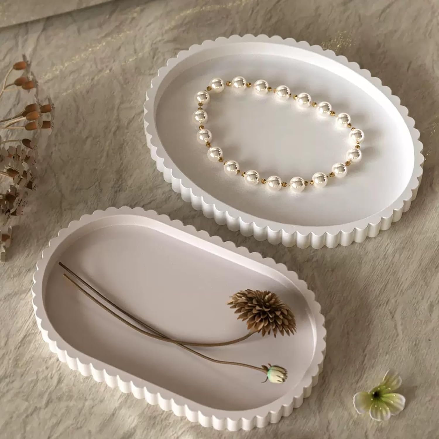 Oval Silicone Tray Mould with Flower Edges, Jewelry Holder Resin Silicone Mold for DIY Craft Office Home Decor (2)
