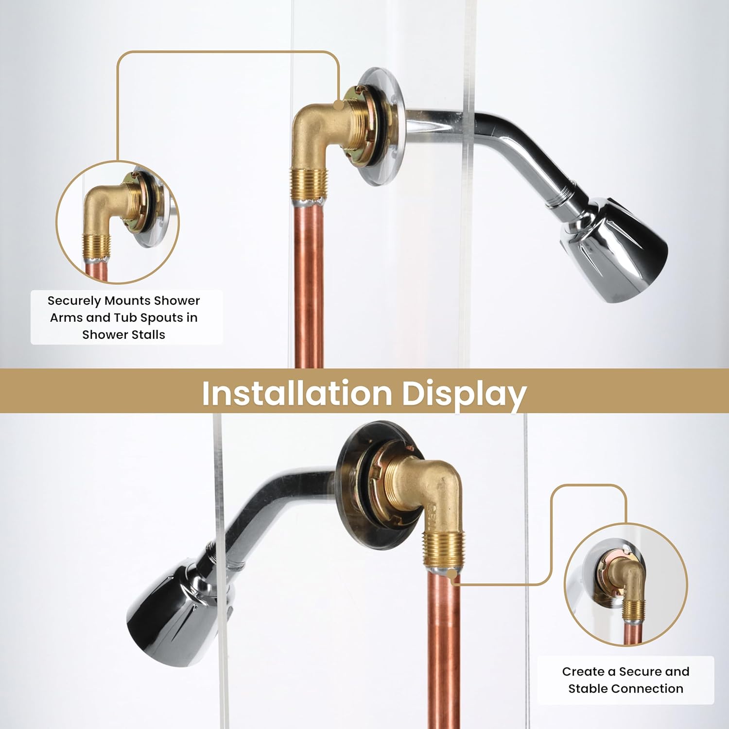Waterline ½” Bronze Shower Arm Elbow - MPT/Sweat | Double Flange Attachment Fitting for Showerhead and Bathtub Faucet Spout | Bathroom Plumbing Installation Metal 90 Degree Joint Secure Bath Tub Mount