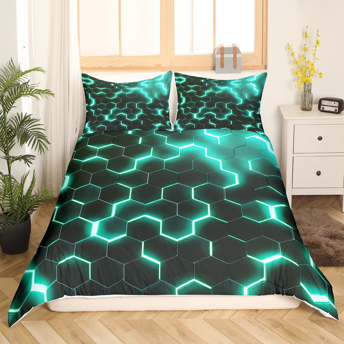 Housse de couette nid d'abeille vert clair anti-plis pour un lit double toujours impeccable