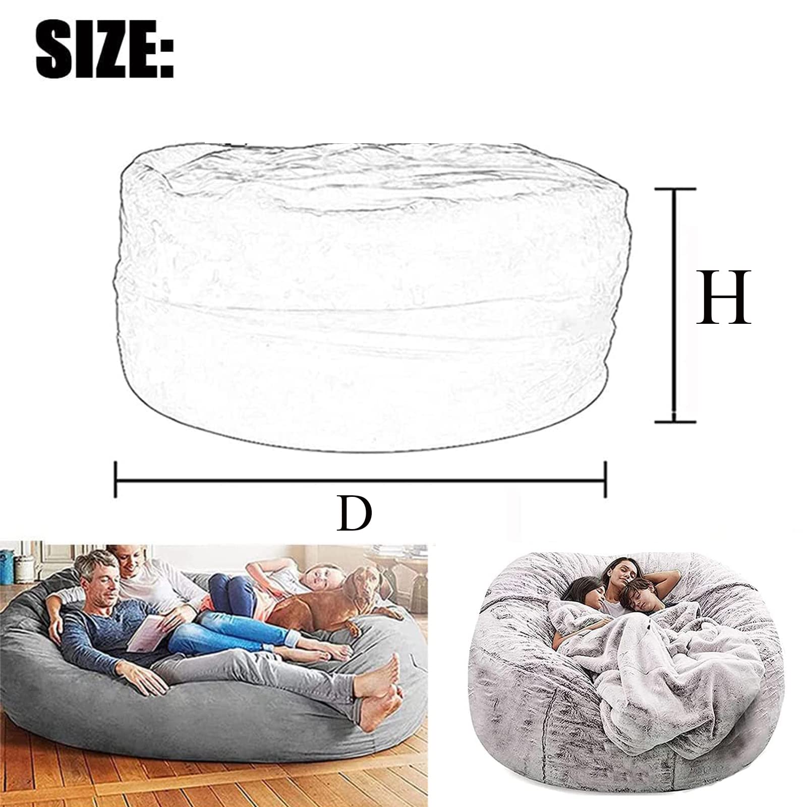 Big Round Bean Bag Solo copertura per sedia, gigante, traspirante e confortevole per il soggiorno degli adulti, morbido e soffice pelliccia sintetica BeanBag Lazy Sofa Cover(D86 cm × H56 cm, F)