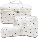 3Pcs Makeup Bag Cotton Quilted Travel Cosmetic Bag Cute Floral Makeup Pouch Large Toiletry Bag for Women Girls, Bow-Pink, Daily