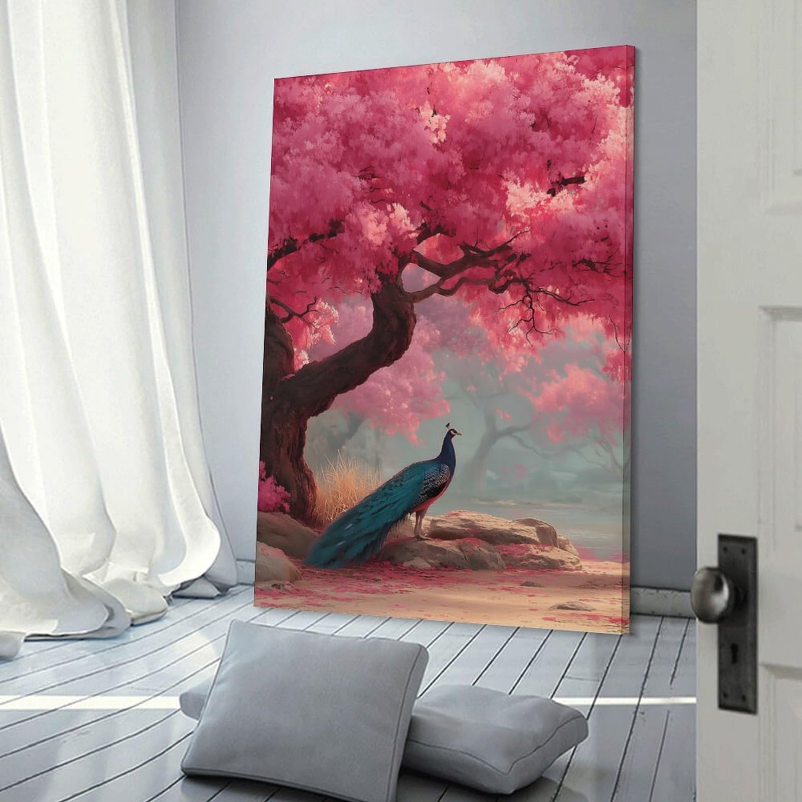 Junmoney Frame-Style-21 Peacock Under Cherry Blossoms Hanging Wall Art, 16X24inch(40X60cm), For Entrance Walls, Hall Decor Or Foyers, Wall Decor To Refresh Empty Corners