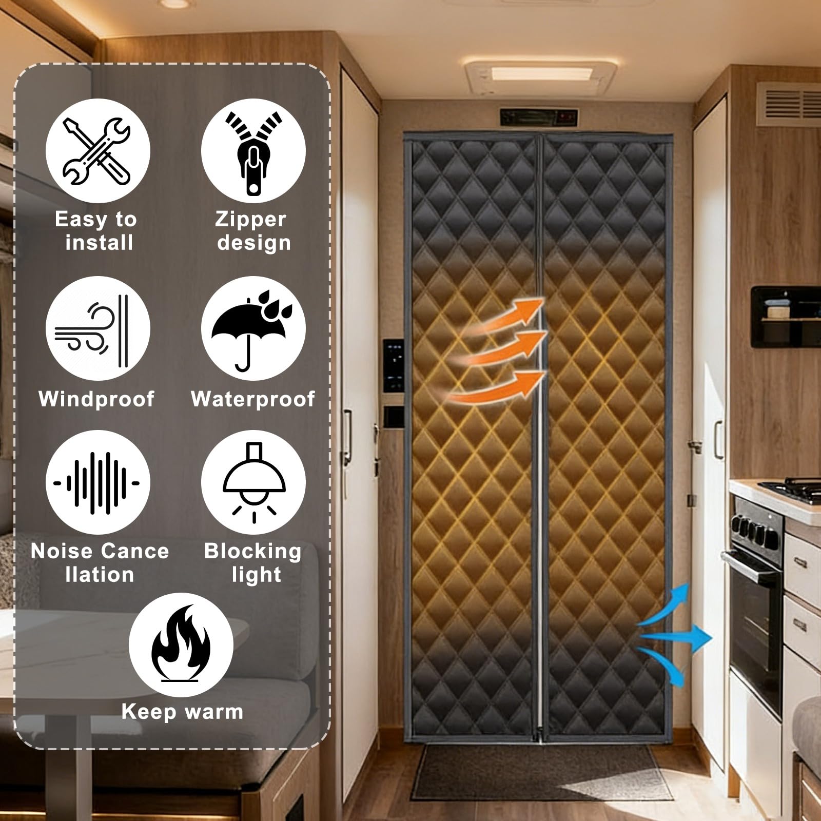 Blueshyhall Rideau d'isolation de porte avec fermeture éclair réglable pour caravane, camping, couverture de porte intérieure autocollante sans perçage, occultant, isolation phonique, pour camping-car