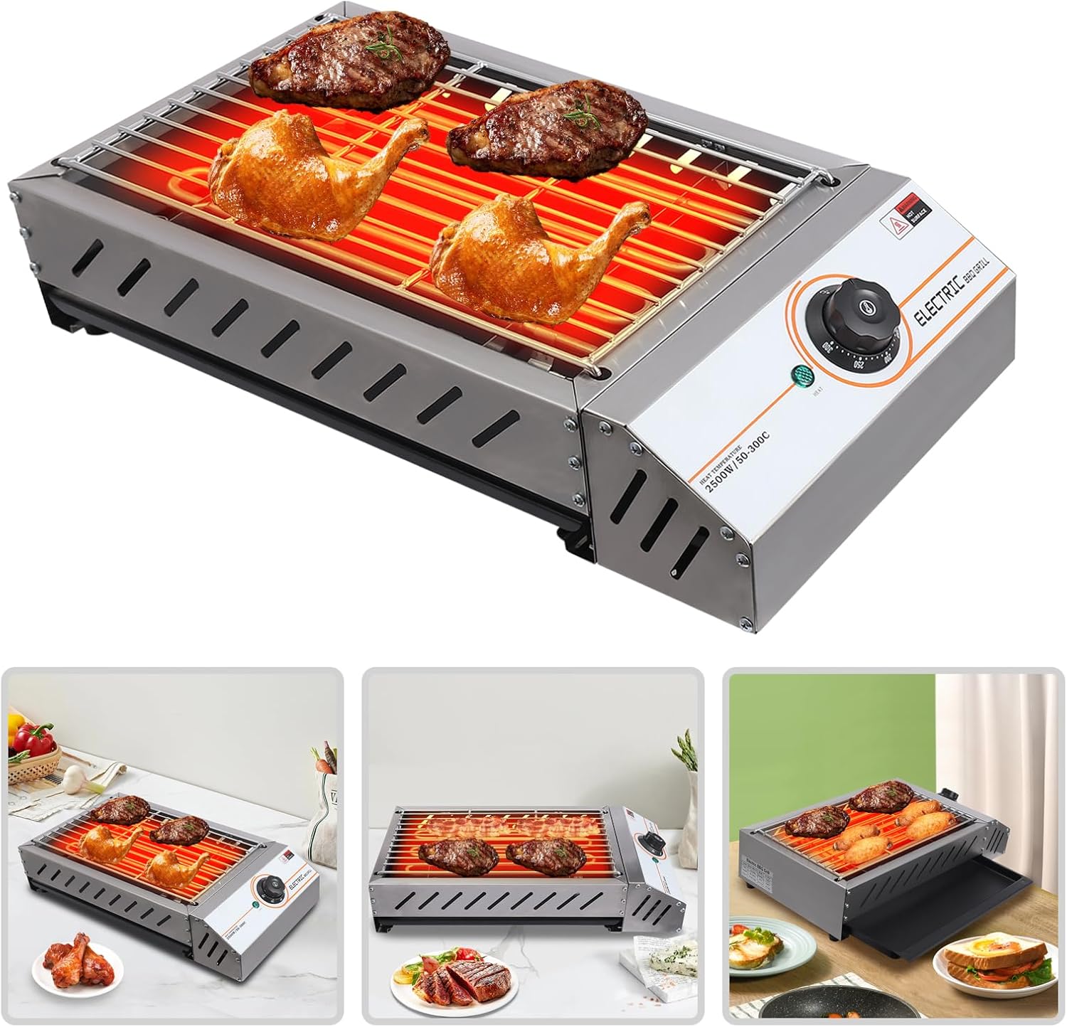 Electric BBQ Grill 2500W Table Top Smokeless Indoor Outdoor Grill - Adjustable Temperature Barbecue Equipment for Decks, Patios, Restaurants, Parties