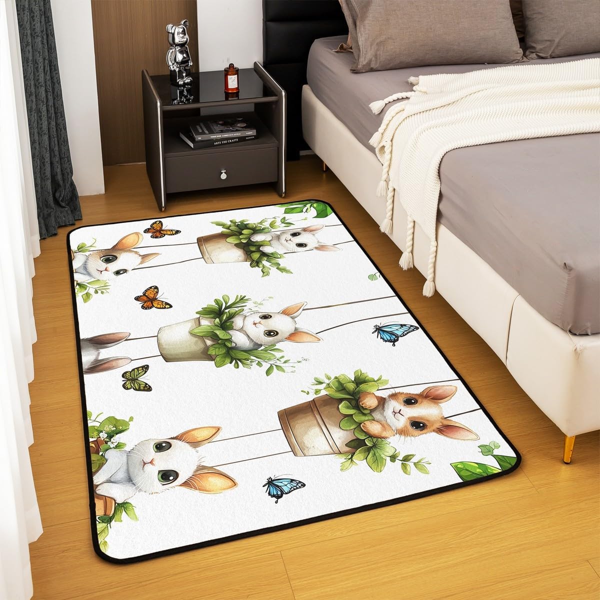 Erosebridal Kawaii Rabbit Area Rug,Cute Rabbit Decorative Rug 5X7,Colorful Butterfly Indoor Floor Mat for Boys Girls Children Teens,Natural Potted Plants Carpet Botanical Floral Living Room Rugs