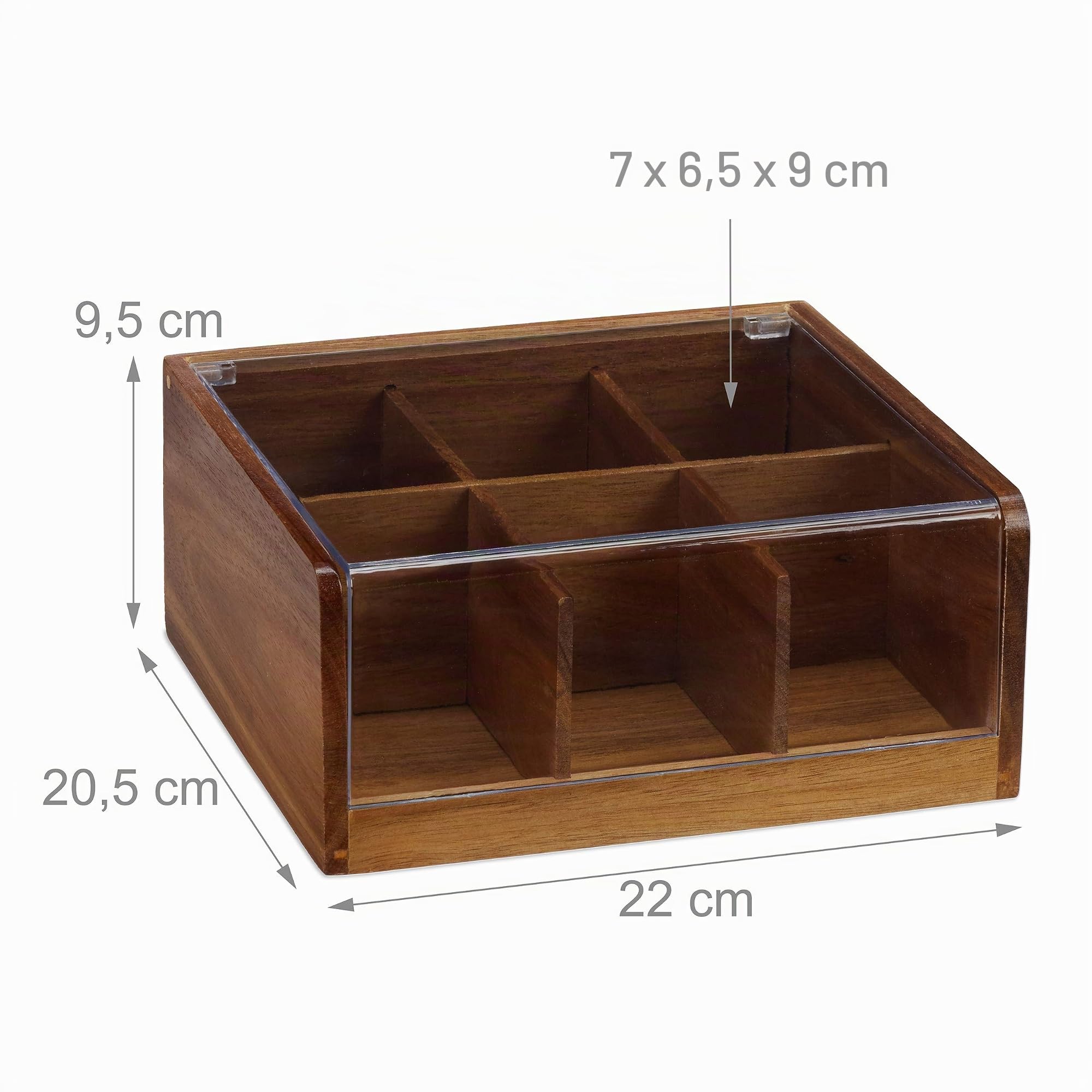 Relaxdays 10027602 Boîte Bois Acacia, Coffret 90 sachets thé, Couvercle, 6 Compartiments, HxlxP: 9,5 x 22 x 20,5 cm, Nature