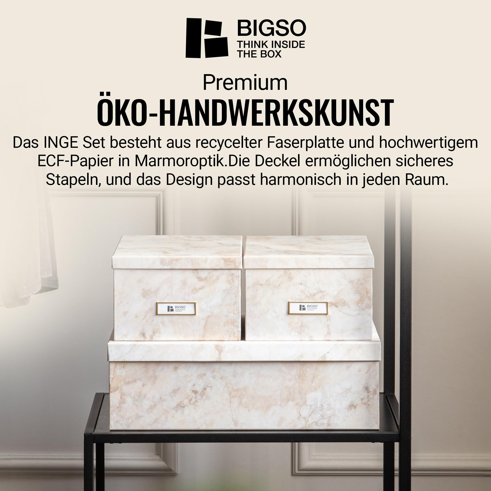 BIGSO INGE 3er-Set Aufbewahrungsboxen für das Schlaf-, Kinder-, Arbeits- oder Badezimmer – Ordnungsbox mit Deckel – Aufbewahrungskisten in Leinenoptik – beige