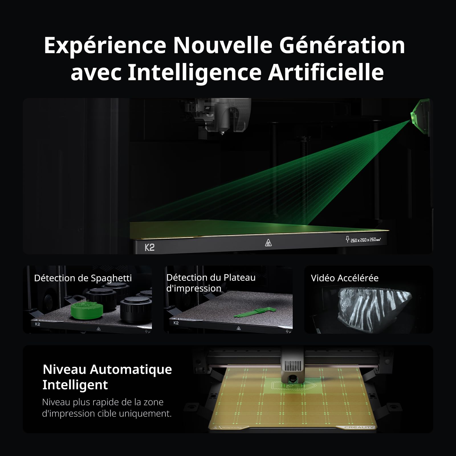 Creality K2 Combo (A) Imprimante 3D, Multicolore avec CFS, Vitesse d'impression Maximale de 600 mm/s, Nivellement Automatique Intelligent et Caméra IA, Volume d'impression de 260×260×260 mm
