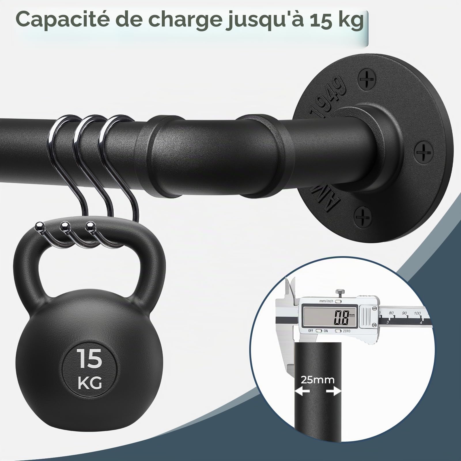 Tringle à rideaux pour rideaux à œillets, 80-367 cm, Noire, Tringle en métal 25 mm de diamètre, Réglable, Style industriel, Rails de rideaux intérieur/extérieur pour chambre à coucher, salon