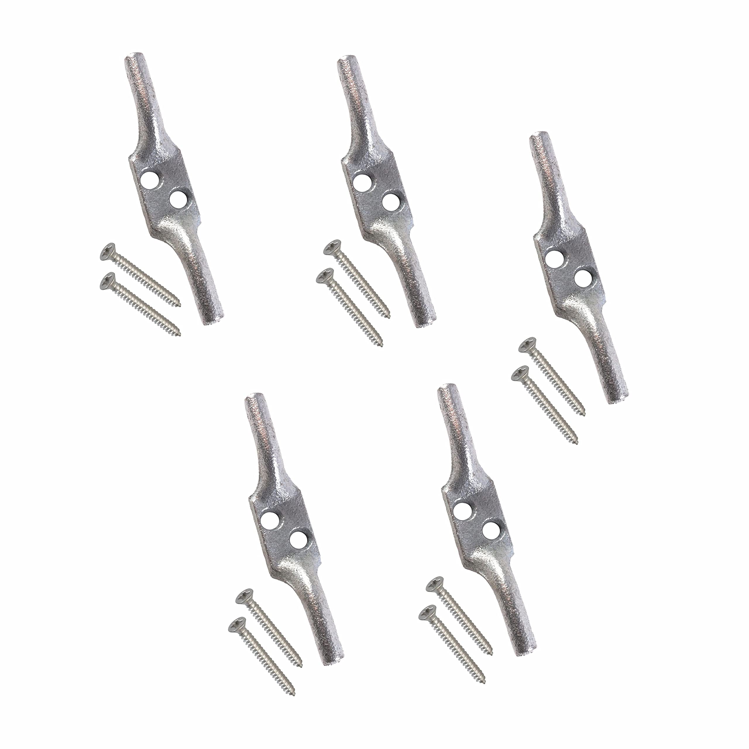 SUL Cleat Hook 100mm Heavy Duty Galvanised Rope Cord Cleat Hook, Flagpole Trailer Rope Tiebacks Roman Blind Cord Hooks for Washing Line with Screws - 4 Inch (5 PK), Silver