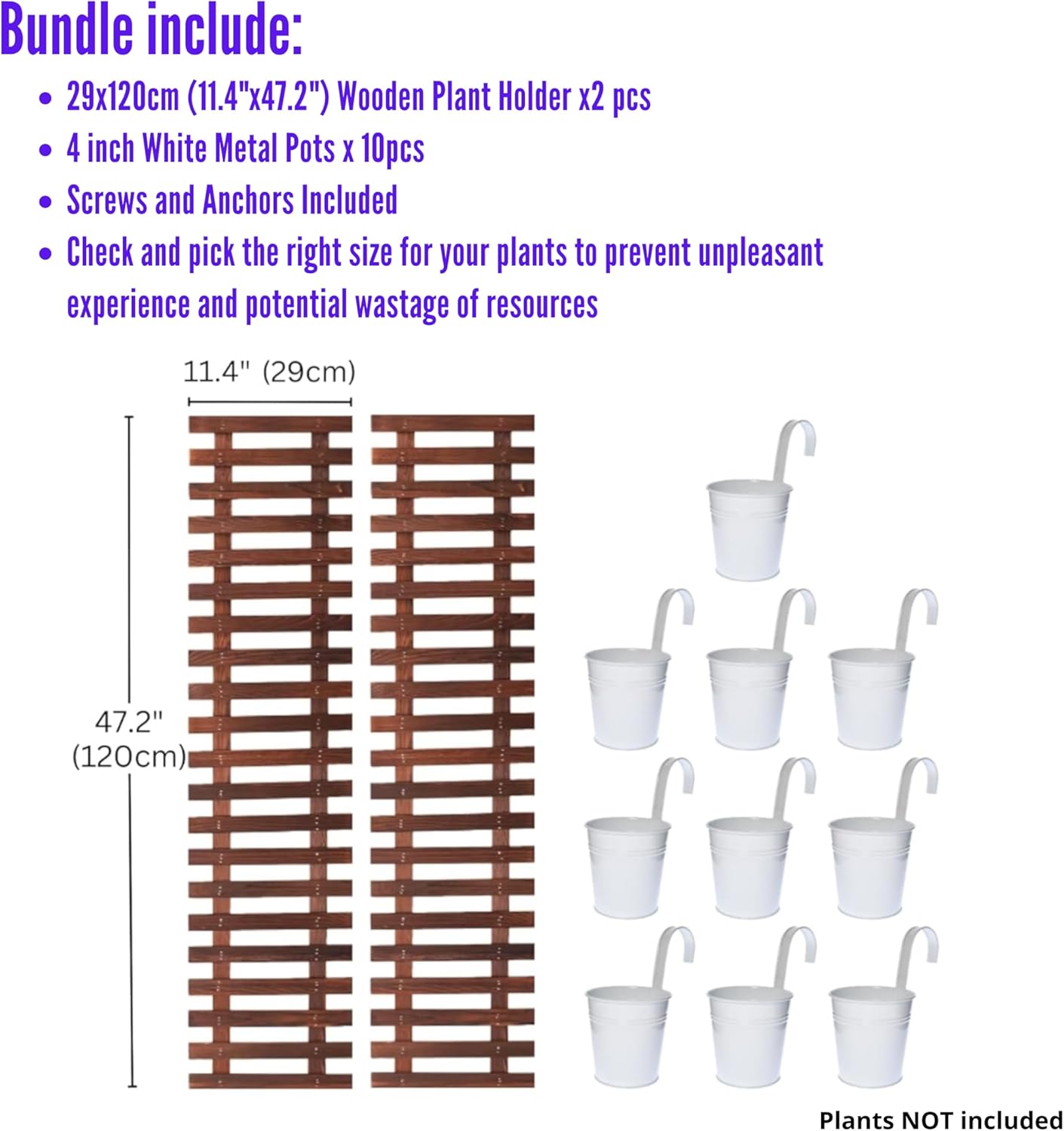 ShopLaLa Bundle - 10 Pack, 4 Inch White Metal Flower Pots + 2 Pack, 47.2 Inch Wooden Plant Holder, Vertical Live Plant Stand Unique Herb Wall Garden Metal Bucket Fence Over Rail Window Box Hook Pot