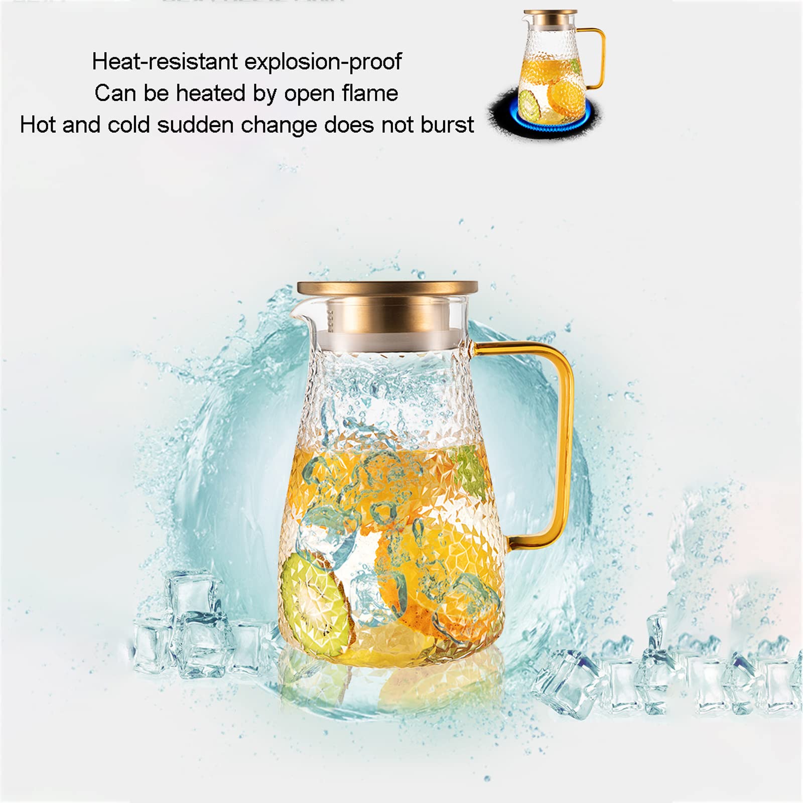 Jarra de vidrio,Jarra de agua,Jarra de agua con tapa de acero inoxidable,Aplicar para calentar o refrigerar,Fácil de limpiar,Jarra de agua para jugo,Té,Leche,Café,Bebidas calientes / frías