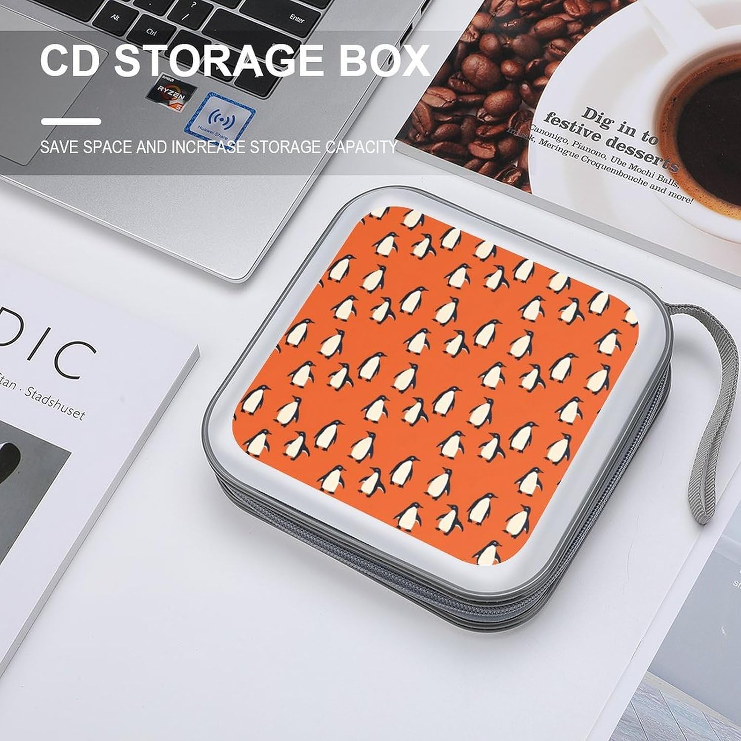 Penguins Orange Background Protective CD Case Storage Rack 40 Capacity DVD Holder Organizer Car Travel
