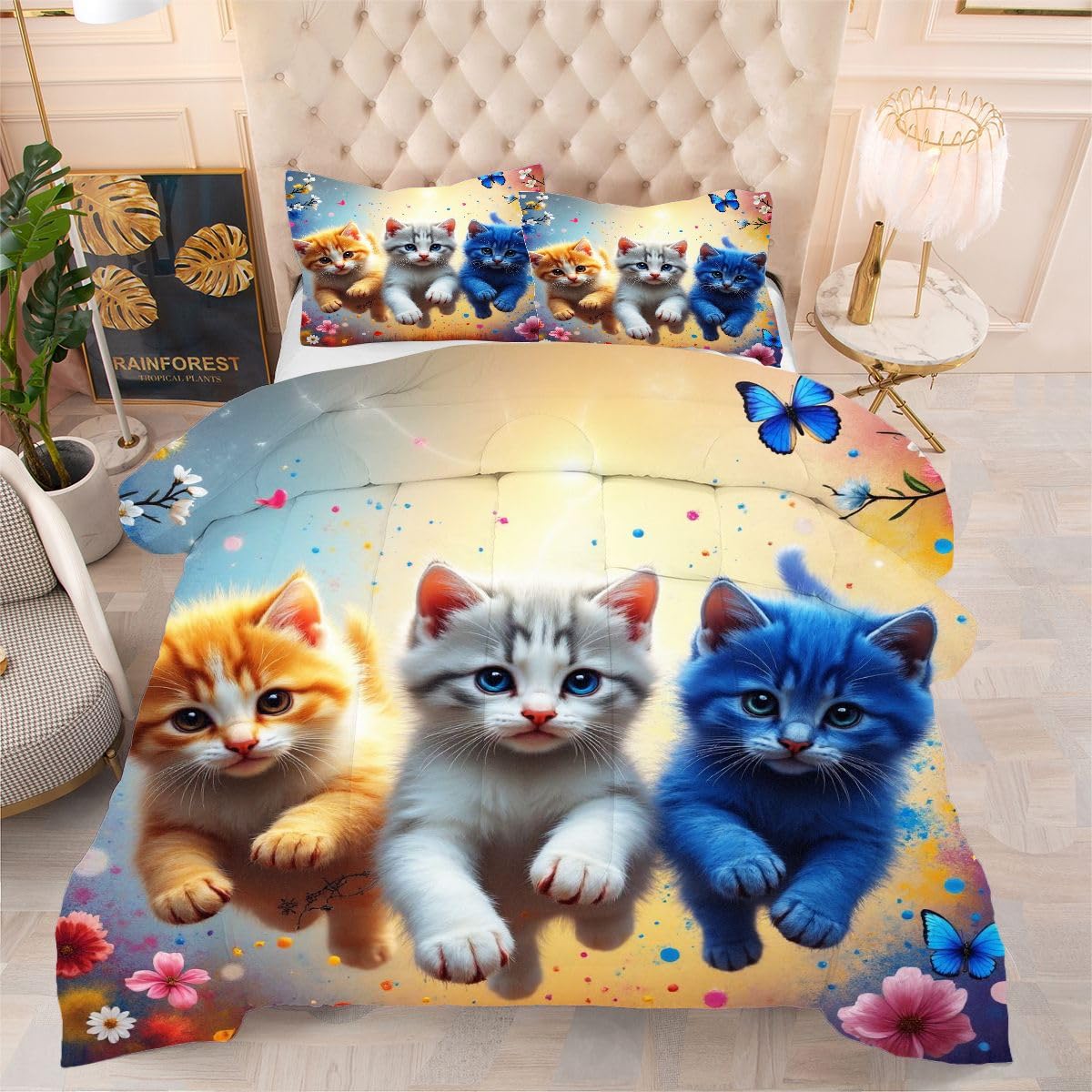 Couette 220 x 240 cm chat tricolore réversible 4 saisons lit 2 personnes