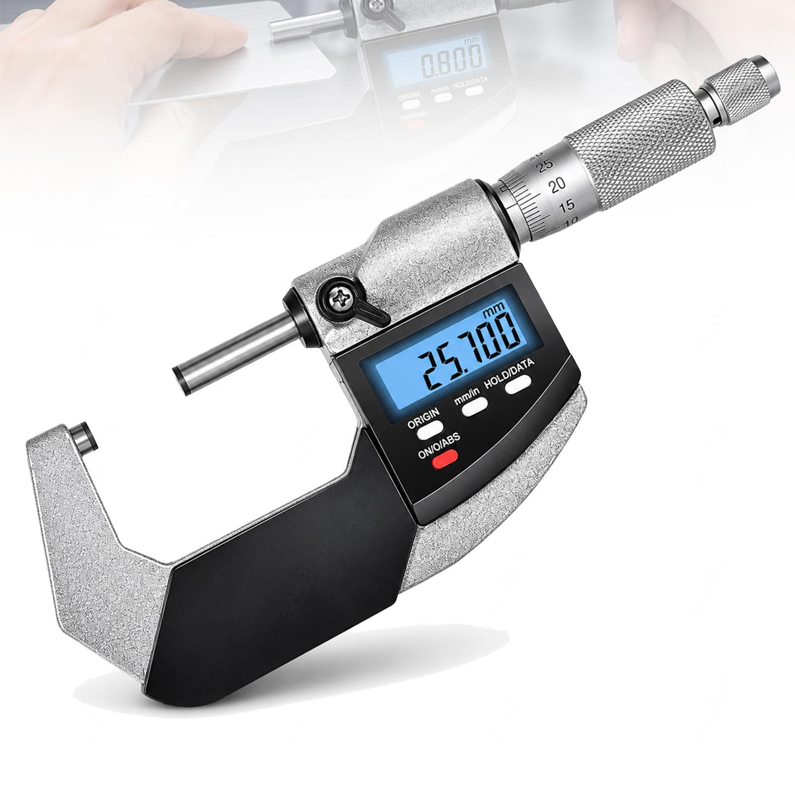 Micrómetro Exterior Digital 25-50 mm LCD para Taller | Pantalla LCD y escala mecánica para medir piezas, chapas y espesores con cambio rápido mm pulgadas.
