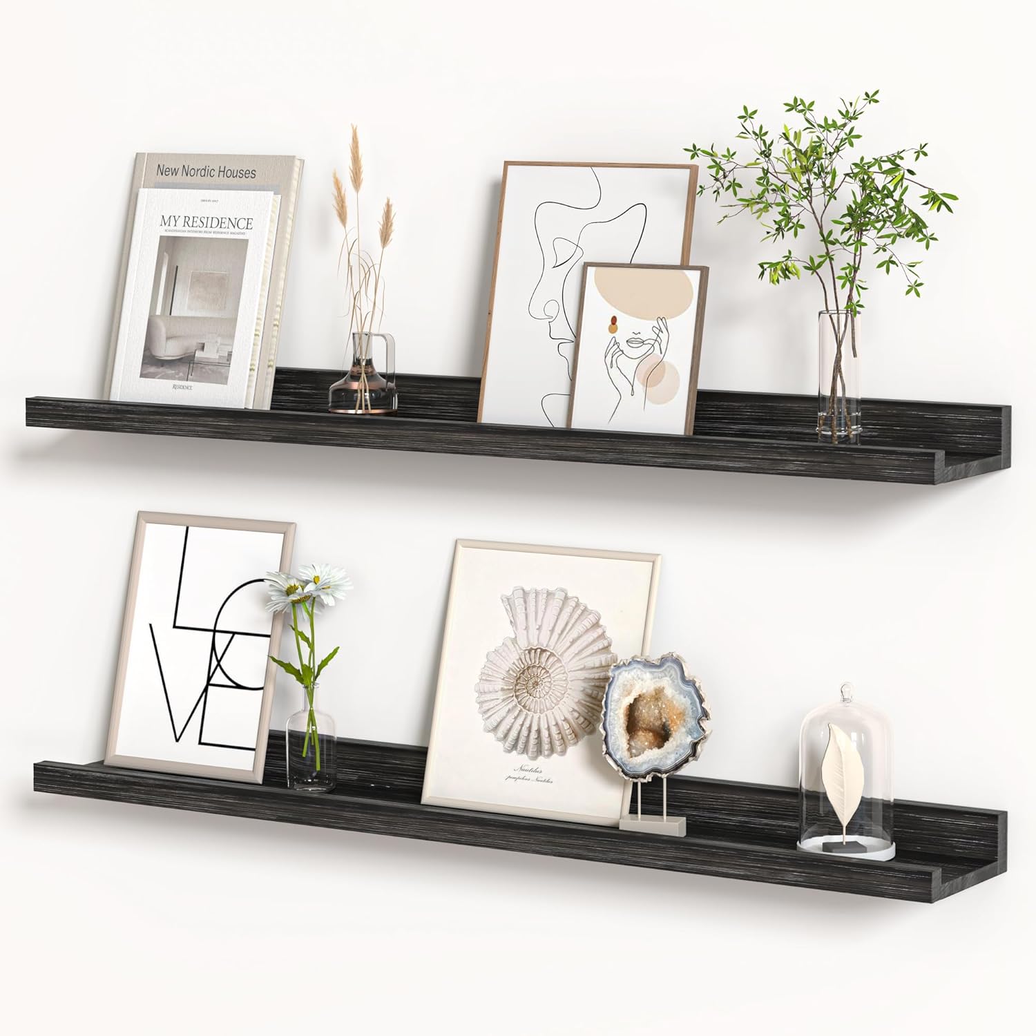 Floating Shelves for Wall, Picture Ledge Shelf 36 Inch Solid Wood Set of 2, Rustic Wall Shelves with Lip, Kids Bookshelf, Photo & Picture Live Edge Floating Shelves for Bedroom, Living Room, Kitchen 36''W, Set of 2 Black Walnut