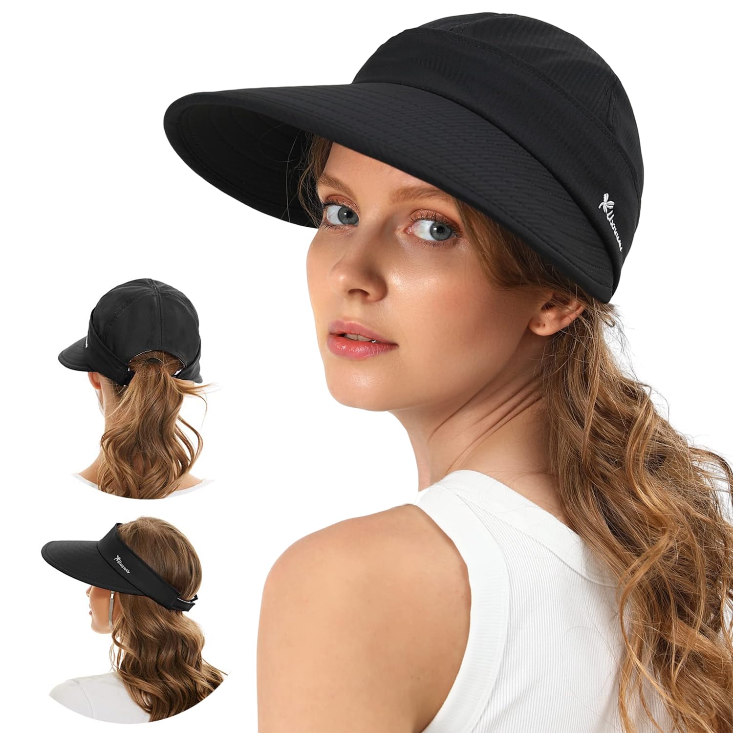 Womens Ponytail Wide Brim Sun Hat, 2 in 1 Zip-Off UV Protection Sun Hats for Women, Breathable Mesh Sun Hat Hiking Fishing Cap, Outdoor Summer Adjustable Chin Strap Beach Cap