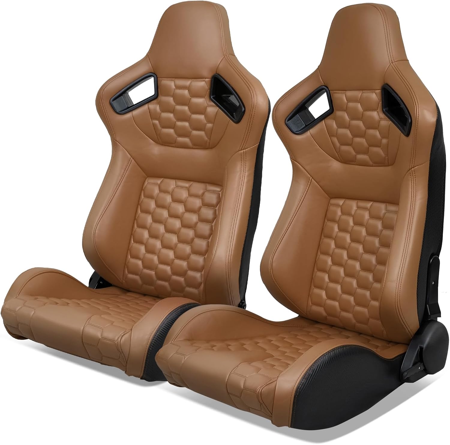 Universal Pairs of Racing Seat with Dual Sliders, PU Leather Front+Carbon Leather Back Reclinable Bucket Seat, Brown+Hexagonal Quilting