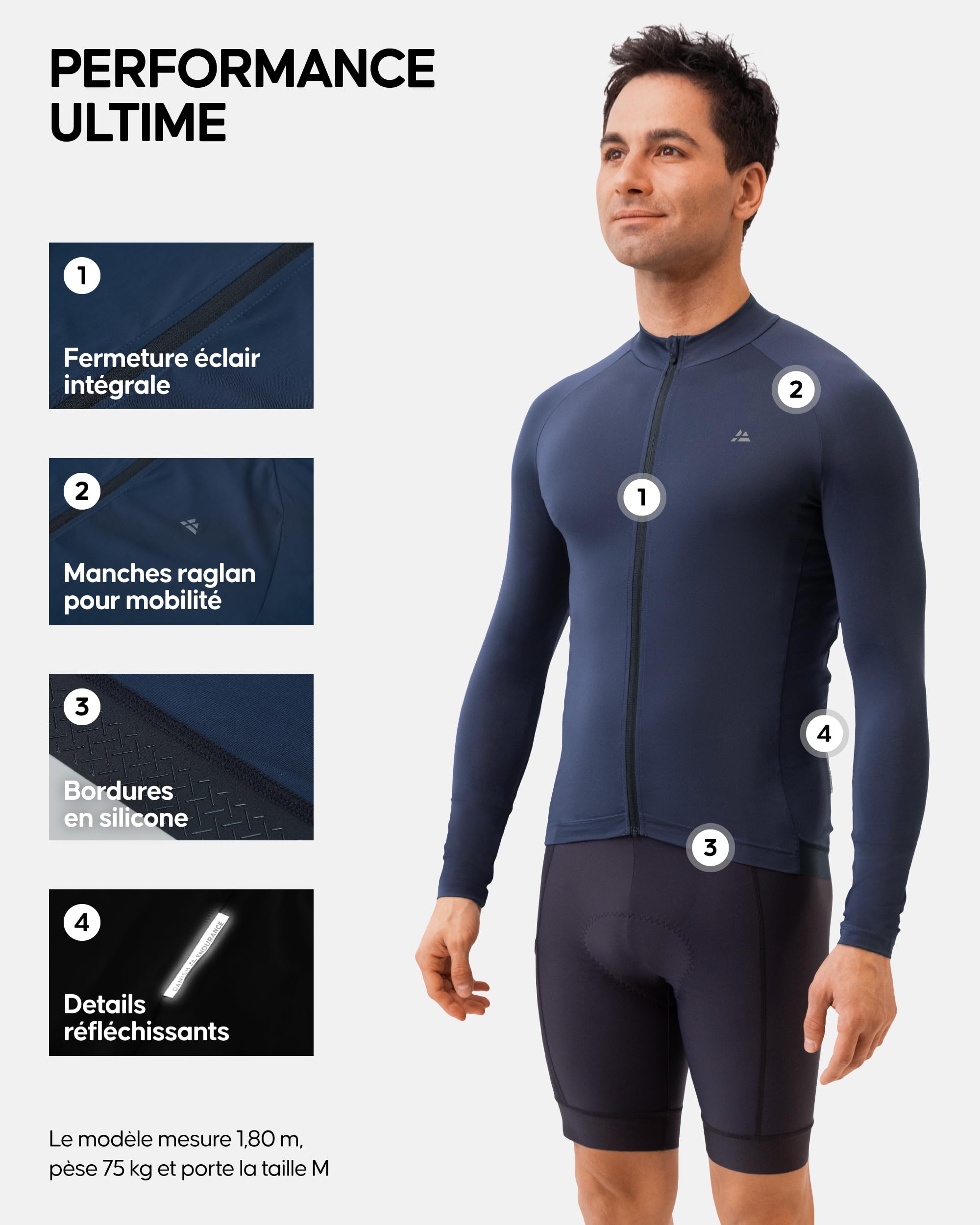 DANISH ENDURANCE Maillot Cyclisme Manches Longues, Poches Arrières, Respirant & Léger, Vélo Homme
