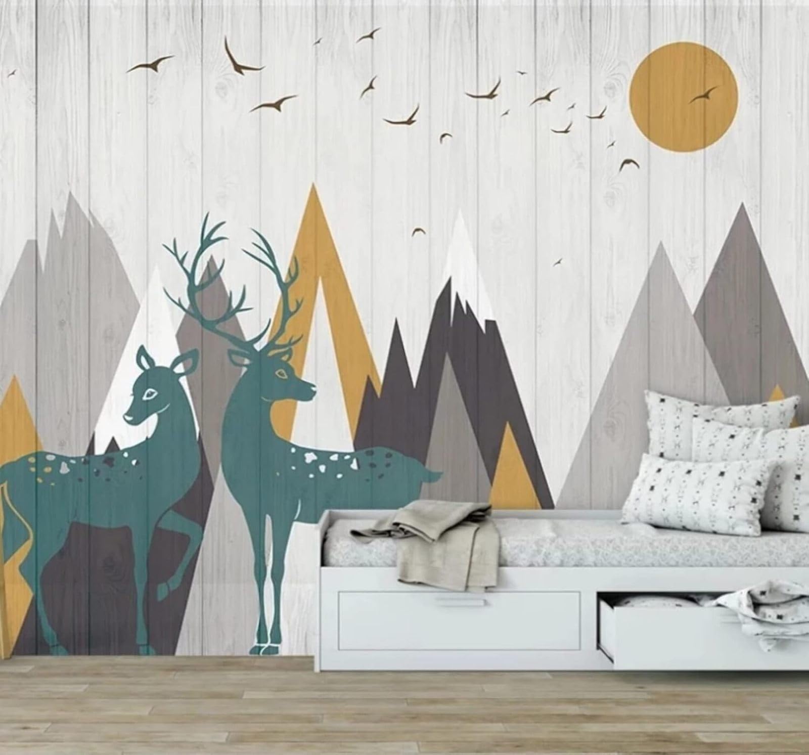 Cartoon Geometric Mountain Sunrise Moose 3D Wallpaper Easy Install Feature Office Living Room Sofa Bedroom TV Background Wall Decoration-150cm×105cm