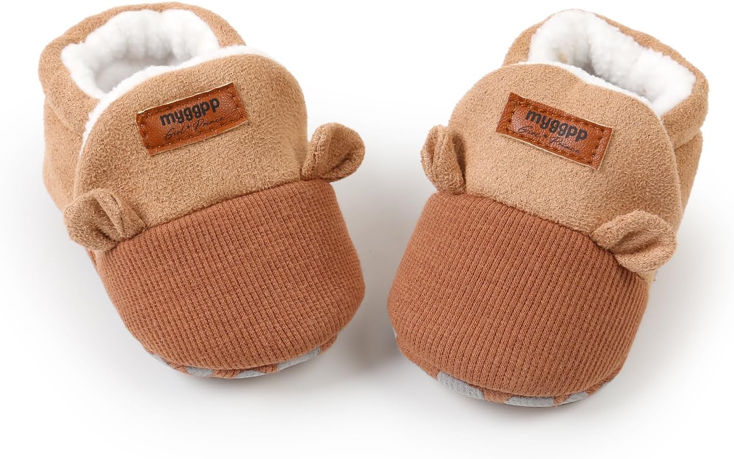 Baby Boys Girls Soft Plush Slippers, Brown, 11CM | Cartoon, Toddler Infant, Warm Winter House, Ribbed Shoes