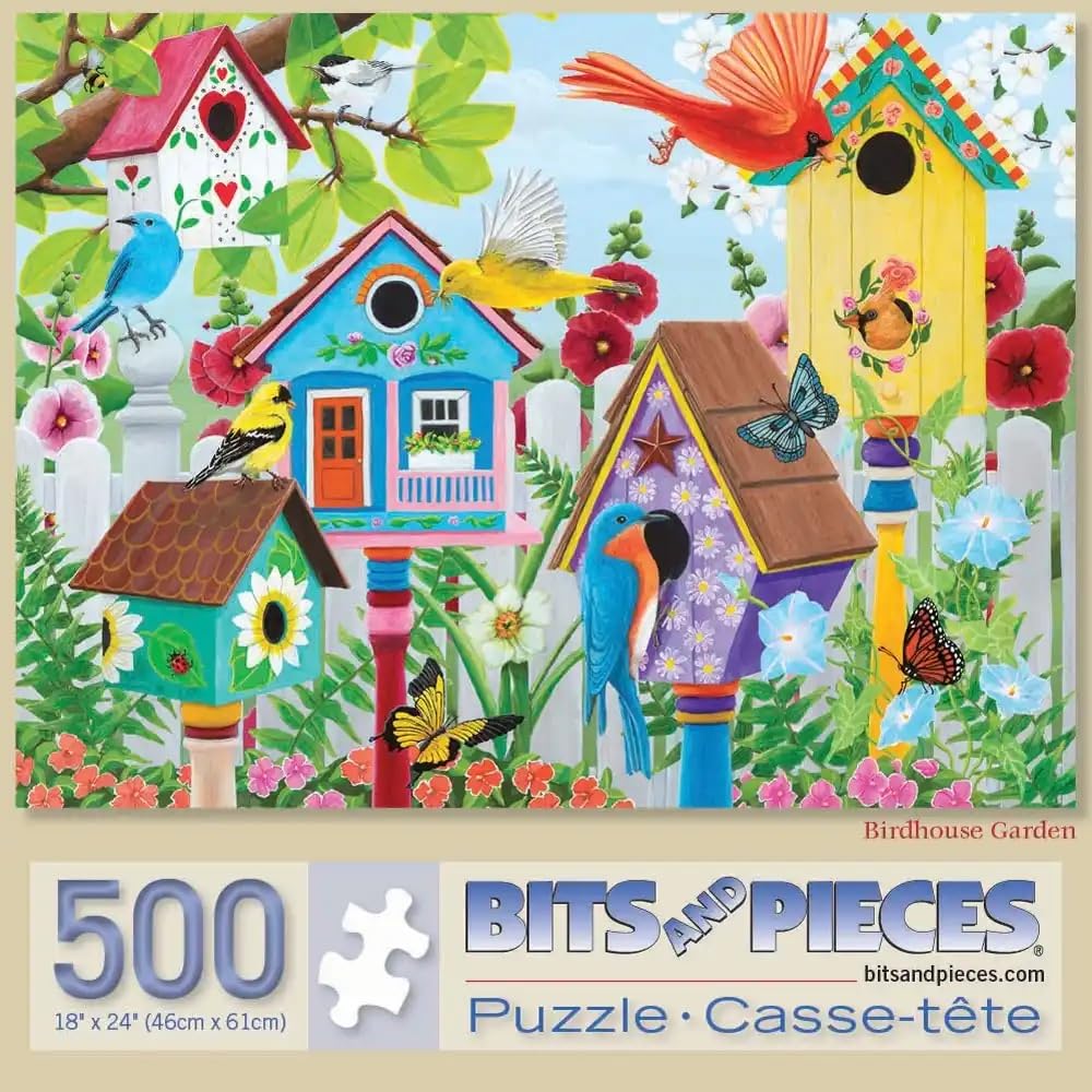 500 Piece Jigsaw Puzzle for Adults – ‘Birdhouse Garden’ 500 pc Large Piece Jigsaw by Artist Kathy Bambeck - 51cm x 69cm