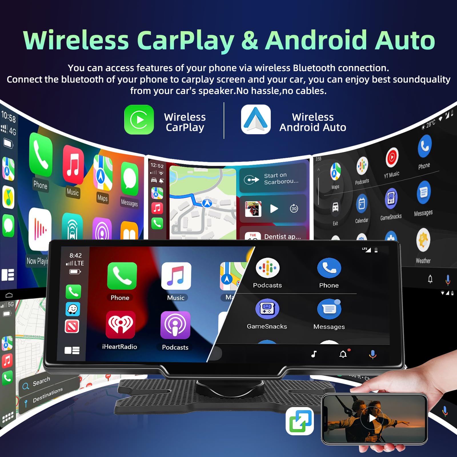 Écran Portable sans Fil 10.26" CarPlay Voiture avec 2,5K Dashcam & 1080P Caméra de Recul, Ecran Carplay MirrorLink, Navigation GPS, Siri G00gle Assistant Vocal, Bluetooth, FM, Aux, 64G TF Carte