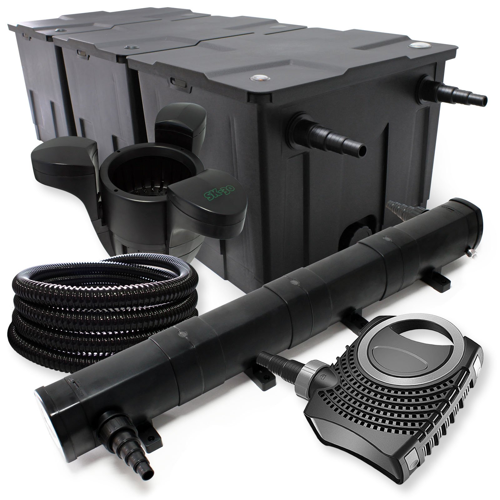 WilTec Set Filtro para Estanque hasta 90000l Clarificador UVC con 72W 80W Bomba Manguera 25m Skimmer