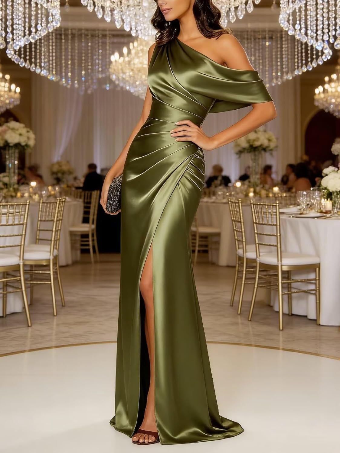 Xijun One Shoulder Prom Dress for Women 2026 Satin Mermaid Long Ruched Slit Formal Evening Party Dresses - Image 4