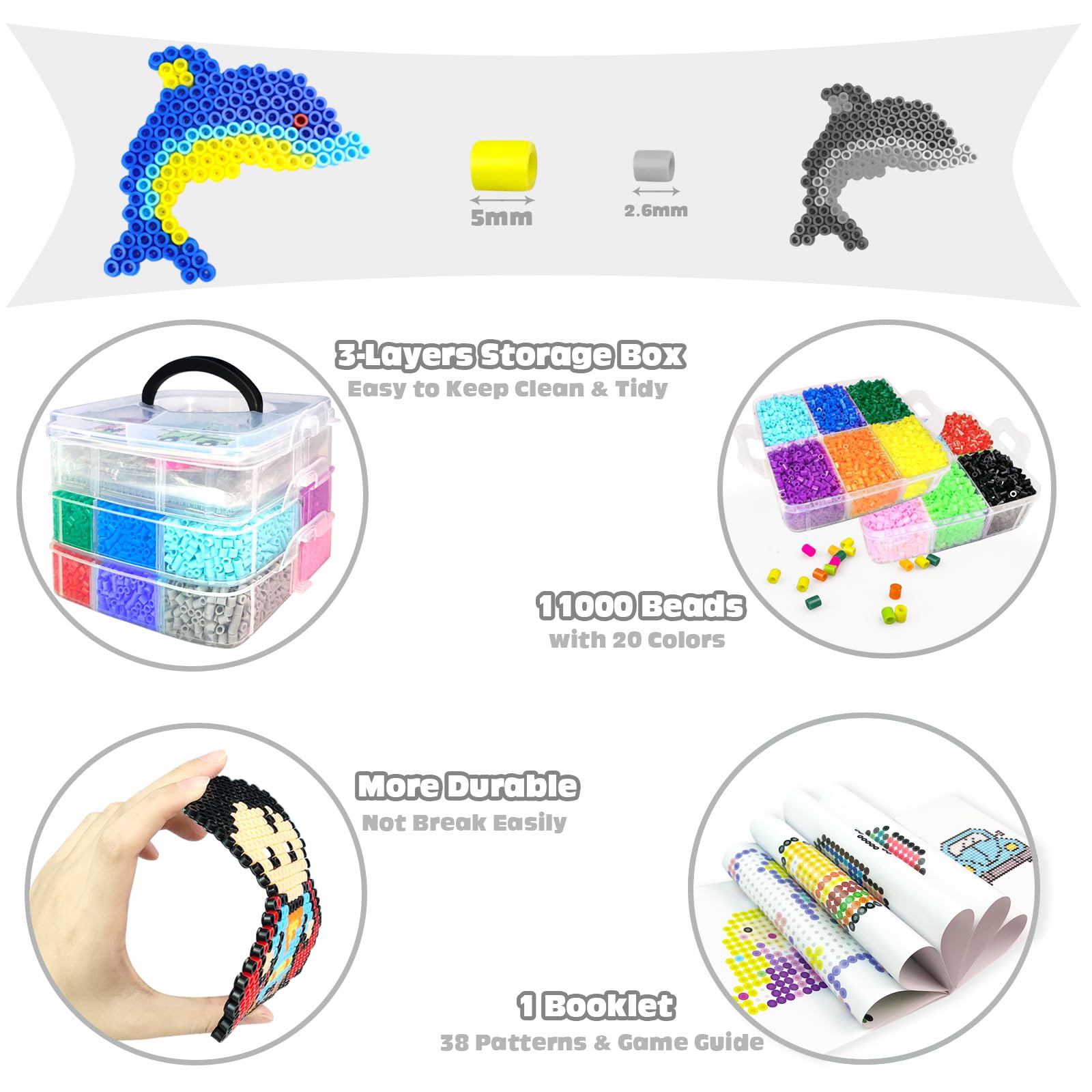 Set De Perles à Repasser, 11000 Pièces Perles De 5MM Avec Boîte De Rangement, Plaque Perle Papier à Repasser, Guide d'utilisation, Conception DIY De Bijoux, Pour Enfants Cadeau Noël Anniversaire