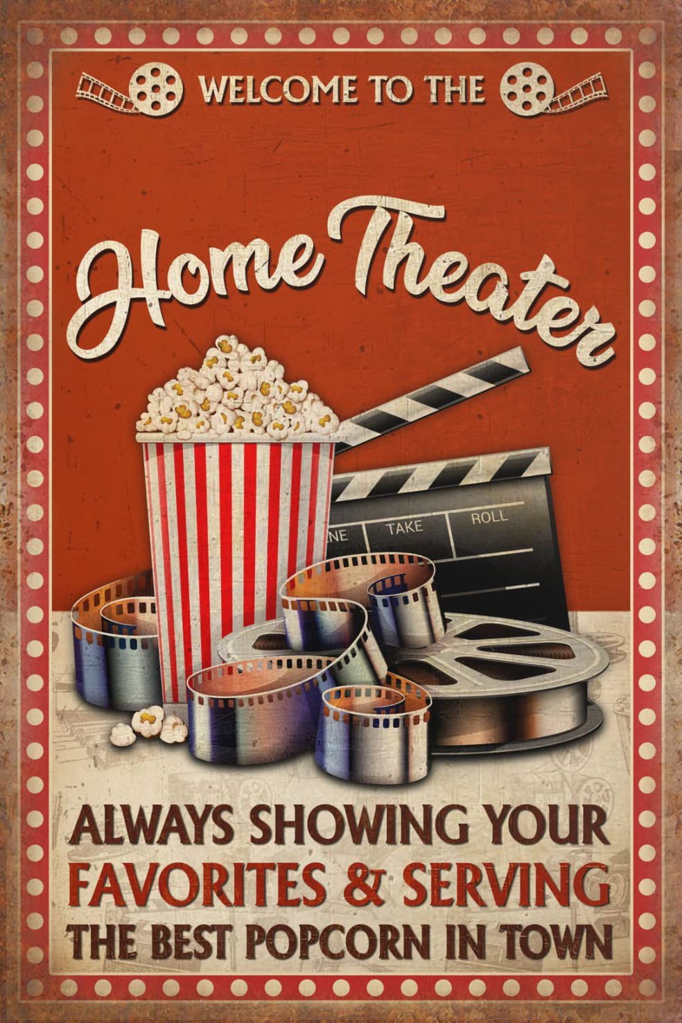 SMAZDFXX Welcome To The Home Theater Theater Best Popcorn In Town Aluminum Signs Funny Tin Sign Metal Art Poster Home Cafe Bar Wall Decor Room Door Accessories 8"x12"