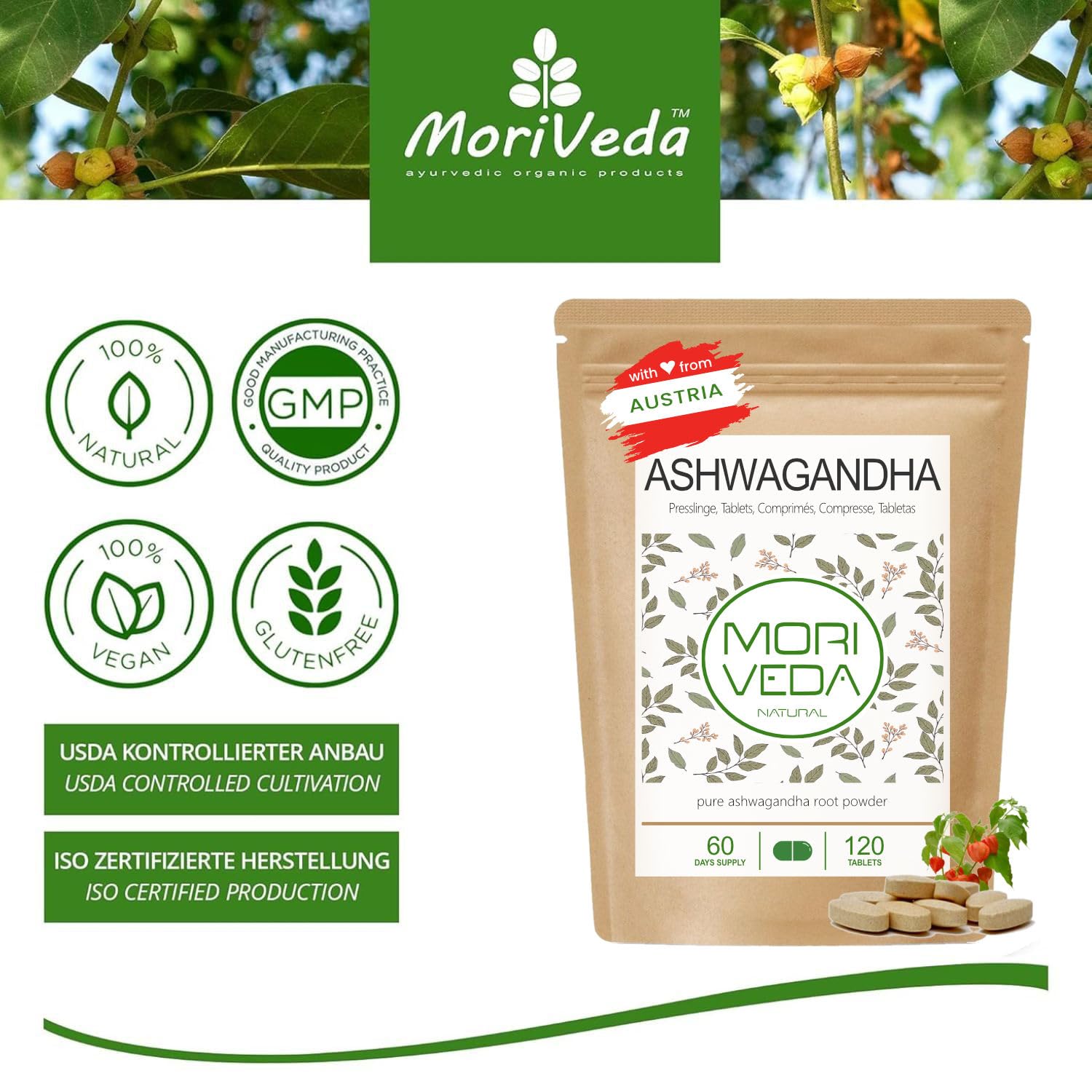 Ashwagandha comprimés2000mg -100% poudre de racine-180 jours d'approvisionnement-produit naturel haute qualité-végétalien et sans gluten- l'équilibre et la paix intérieure-par MoriVeda-360 comprimés