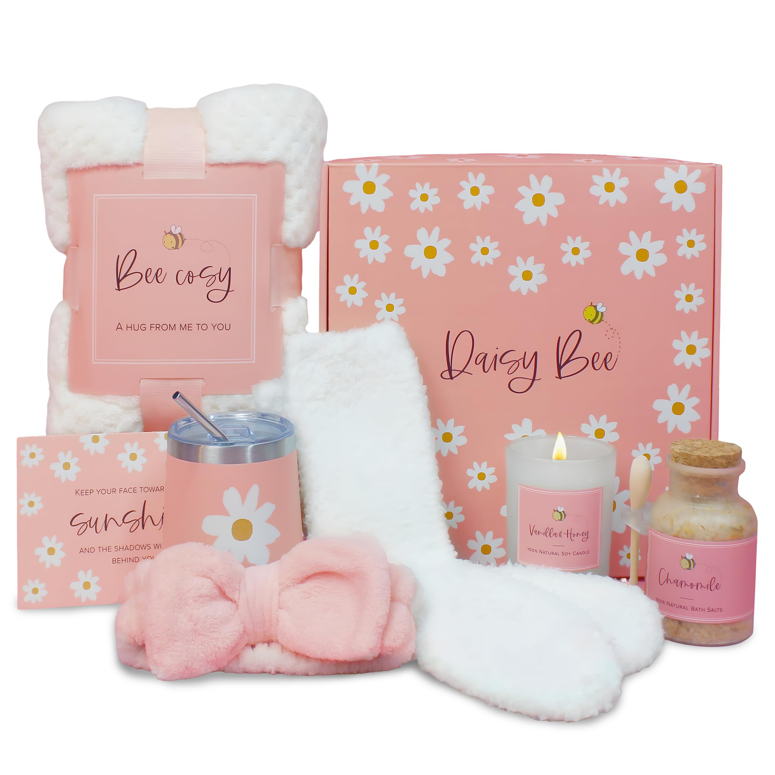 DaisyBee(7PC) Birthday Gift Hamper for Women, Get Well Soon Gift Set, Self Care Gifts for Girls with Cozy Blanket, Bow Headband, Aroma Candle, Tumbler