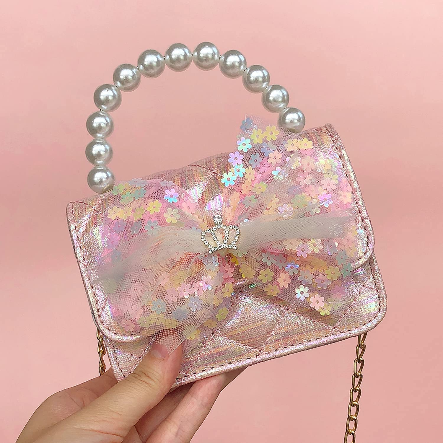 Bolso de mano para niñas pequeñas, juego de simulación, collar, accesorios para el cabello, conjunto de joyas, rosa claro, Metal, Sin piedra preciosa 4