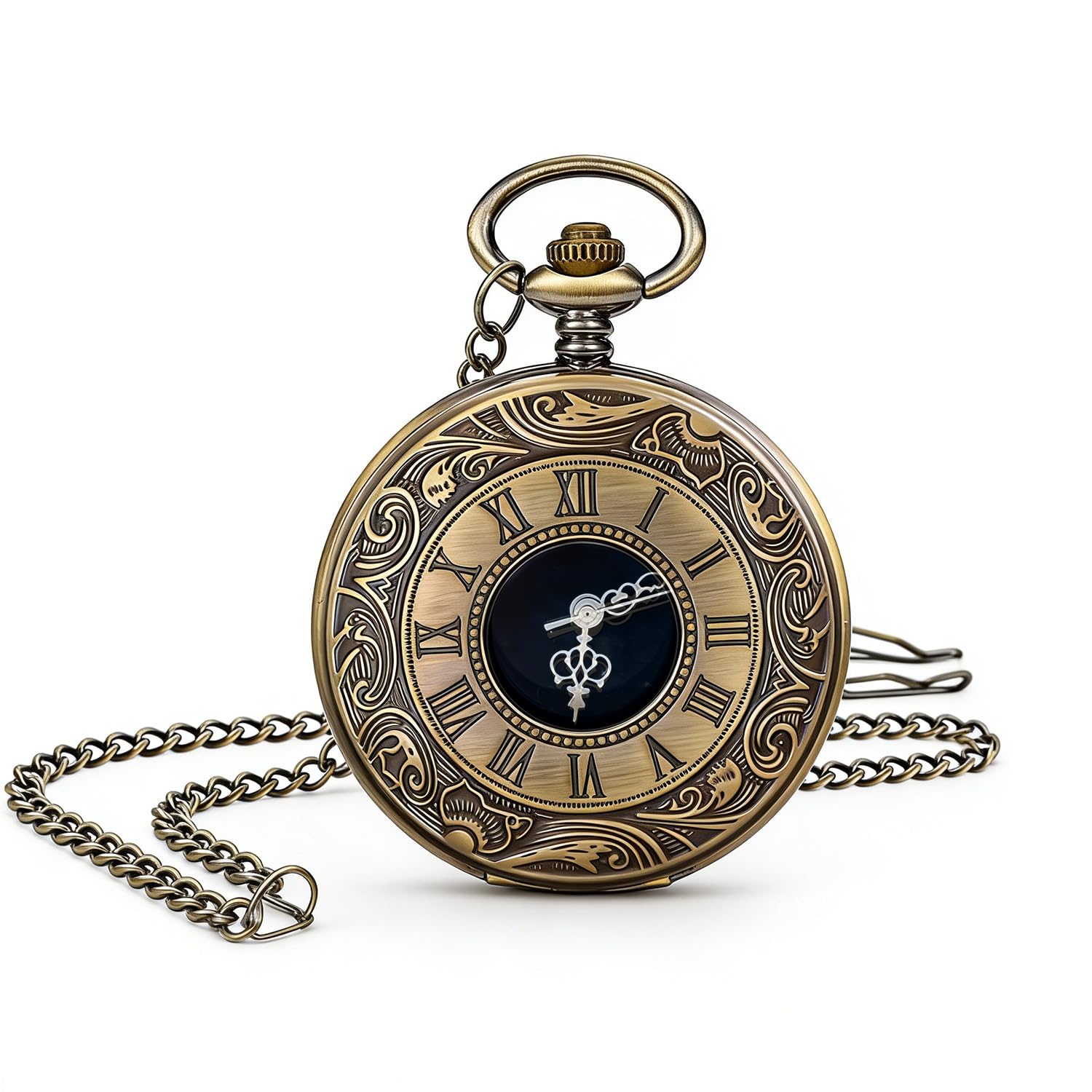 Vintage Roman Pocket Watch Necklace Antique Bronze Finish | Retro Gift for Men & Women | Roman Numeral Dial | Chain Necklace Style | Quartz Movement