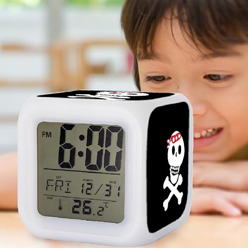 Miniatura 6 de Reloj despertador para niños pequeños con patrón de calavera, reloj portátil con batería con LED que brilla para niños y niñas de 6 a 13 años para