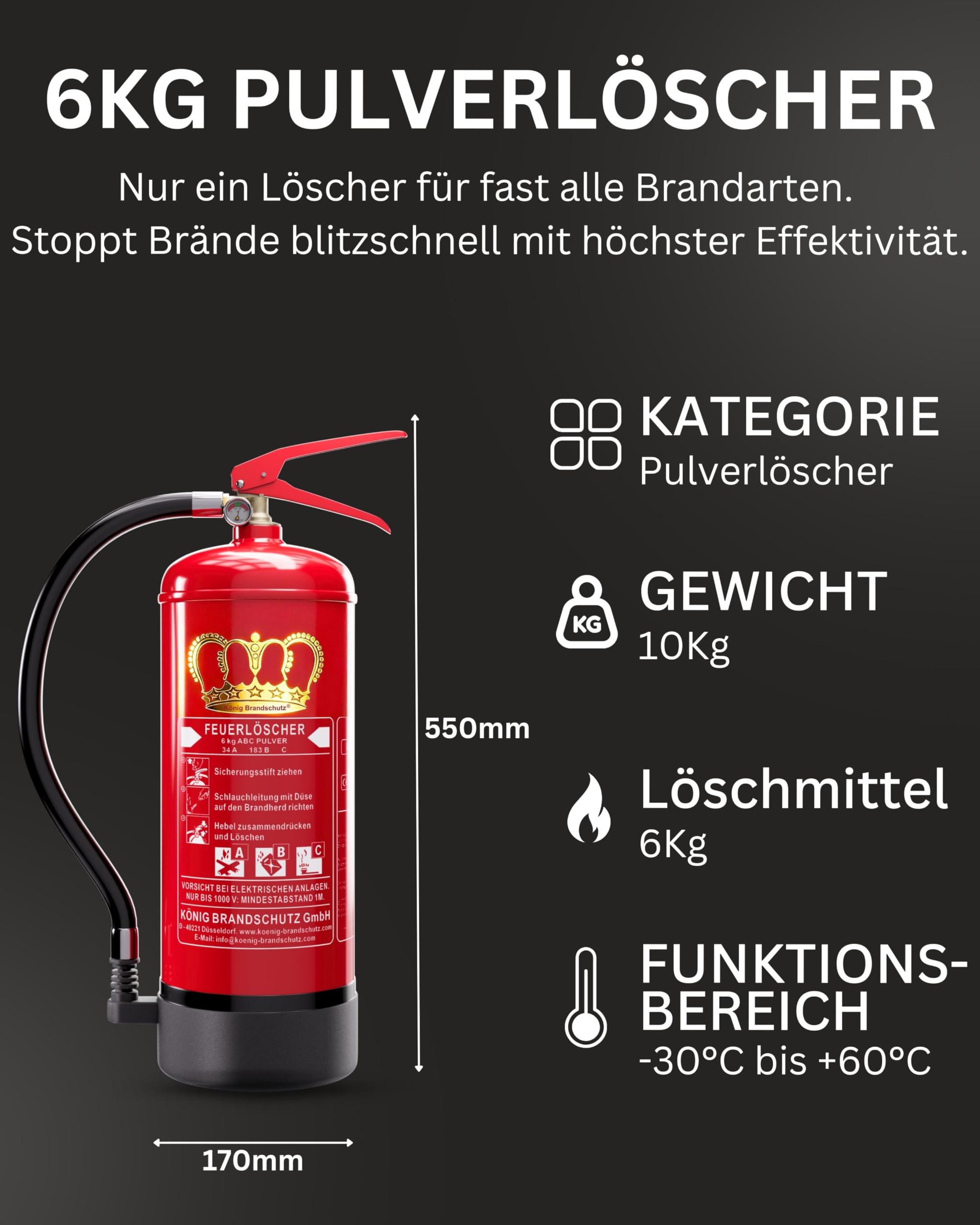 KÖNIG BRANDSCHUTZ- König Feuerlöscher Pulver | 6 kg | Geeignet für die Brandklassen - ABC | nach DIN EN3 | Dauerdruck 10 LE | Vielseitig einsetzbar | Inkl. Wandhalterung mit Manometer