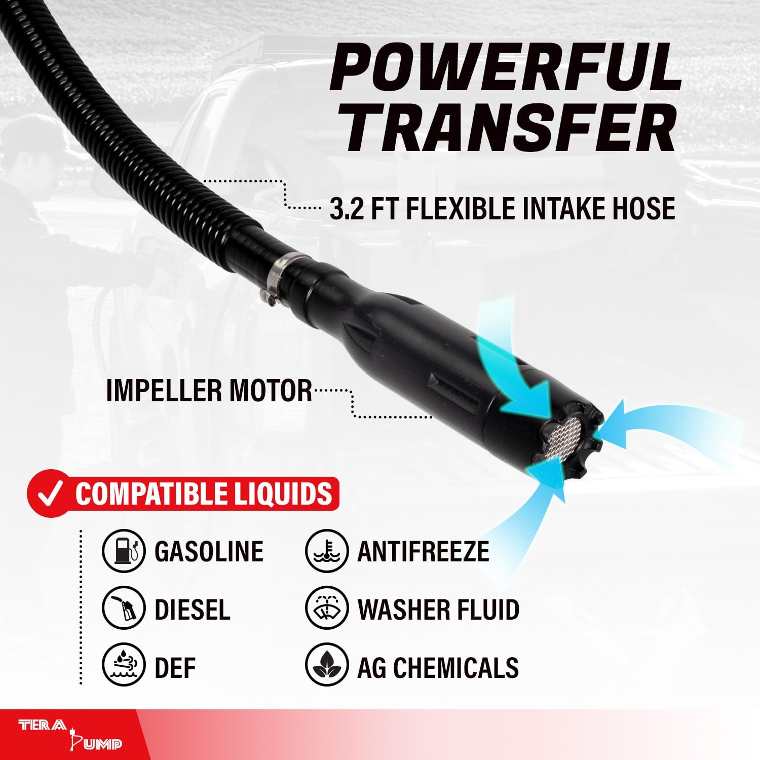 TERA PUMP - Electric Drum Barrel Pump w/ 110V/12V Power | Great for Truck Bed Tanks | Flow Control Nozzle, 9.8-ft XL Hose, 3.2-ft Flexible Intake Hose, for Gas, Diesel, DEF, Antifreeze (3.3GPM)