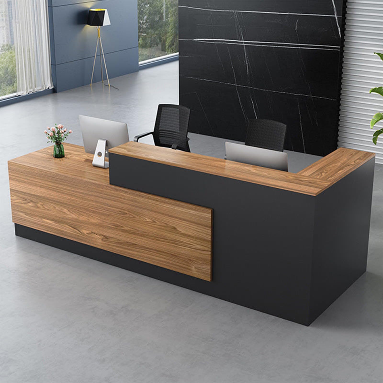 Modern L-Shaped Reception Desk with Hutch, Reception Counter Table, Lockable Drawer Door Cabinet, Office Wooden Computer Front Desk (European Oak+lron Gray-Right Cabinet, 86.61" L*23.62" W*41.34" H)