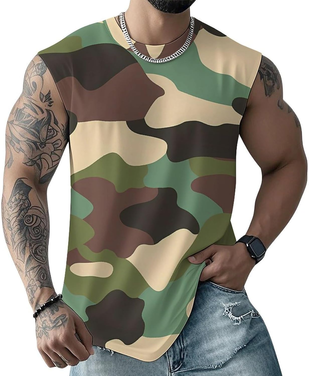 Camouflage Men Summer Sleeveless Crew Neck Top 5XL