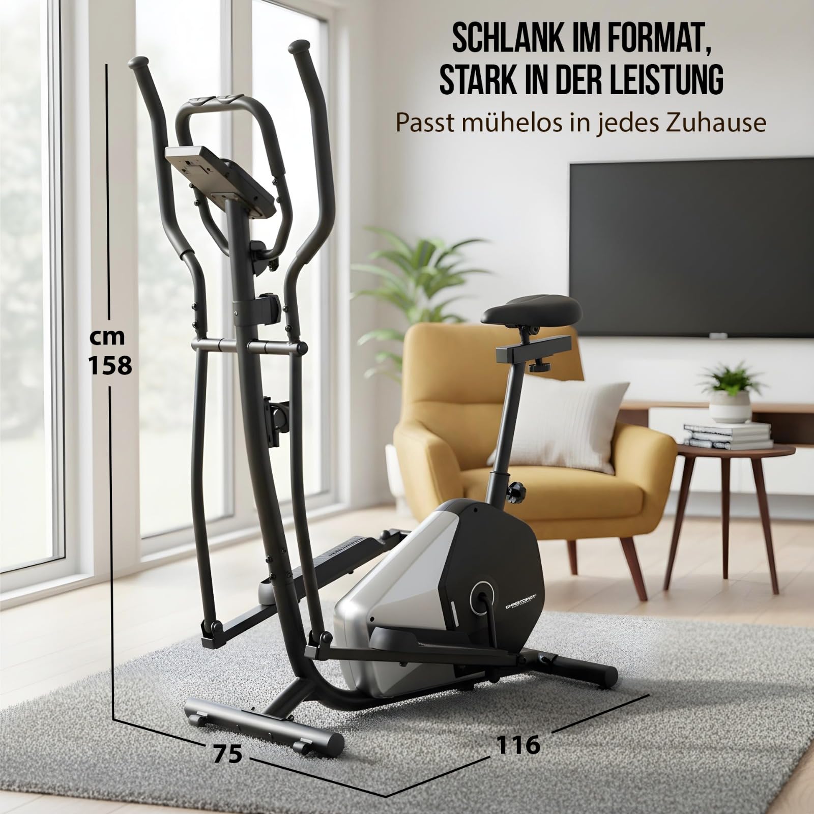 Christopeit Vélo elliptique CT 6 – vélo elliptique et vélo d'appartement 2 en 1, frein magnétique de 7 kg, 8 niveaux de résistance, capteurs de pouls manuels, support pour tablette/smartphone, jusqu'à