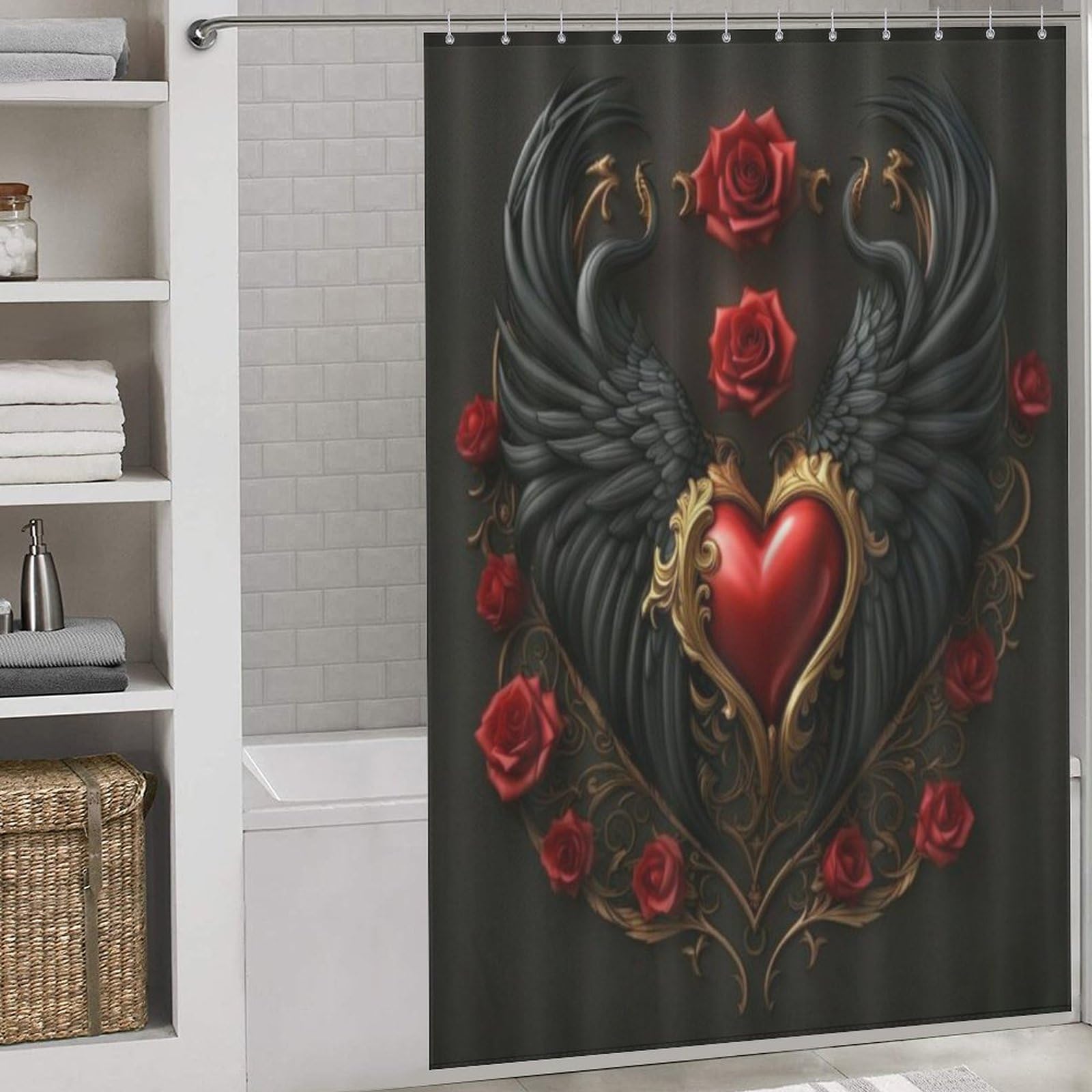 Rideau de douche anti-éclaboussure en tissu polyester lavable motif rose romantique