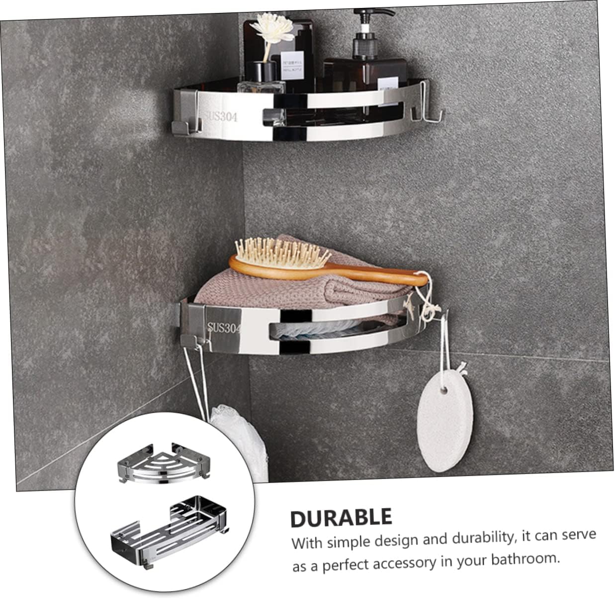 2Pcs Bathroom Shelf No Drill Corner Storage Rack with Hooks Modern Minimalist Design for Kitchen Bathroom High Load Bearing Tripod